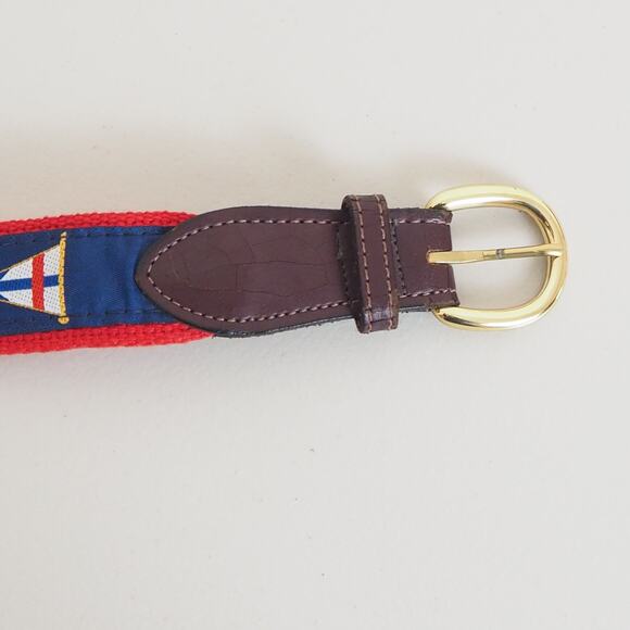 NAUTICAL FLAG Red & Blue Canvas Belt Sz 36 UNBRANDED w Leather & Brass Buckle - Picture 3 of 10